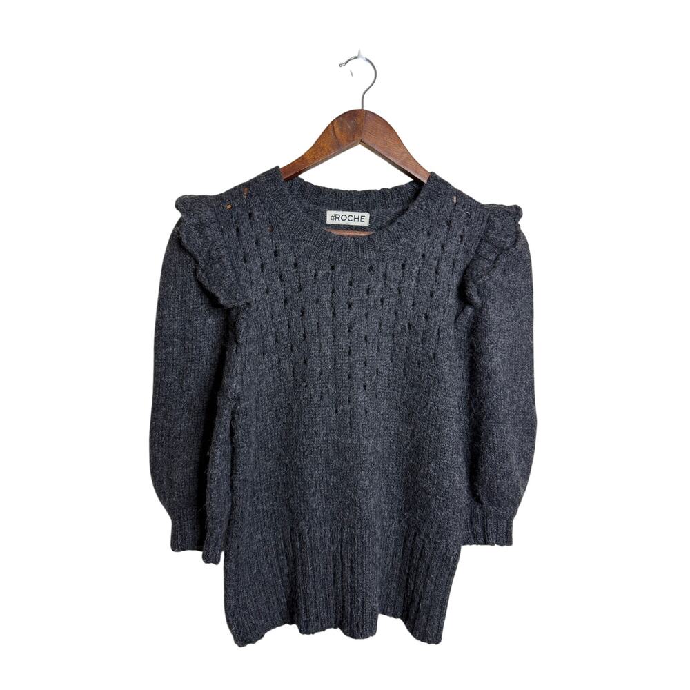 St. Roche Zadie 100% Baby Alpaca Sweater XS Charcoal Ruffle Pointelle